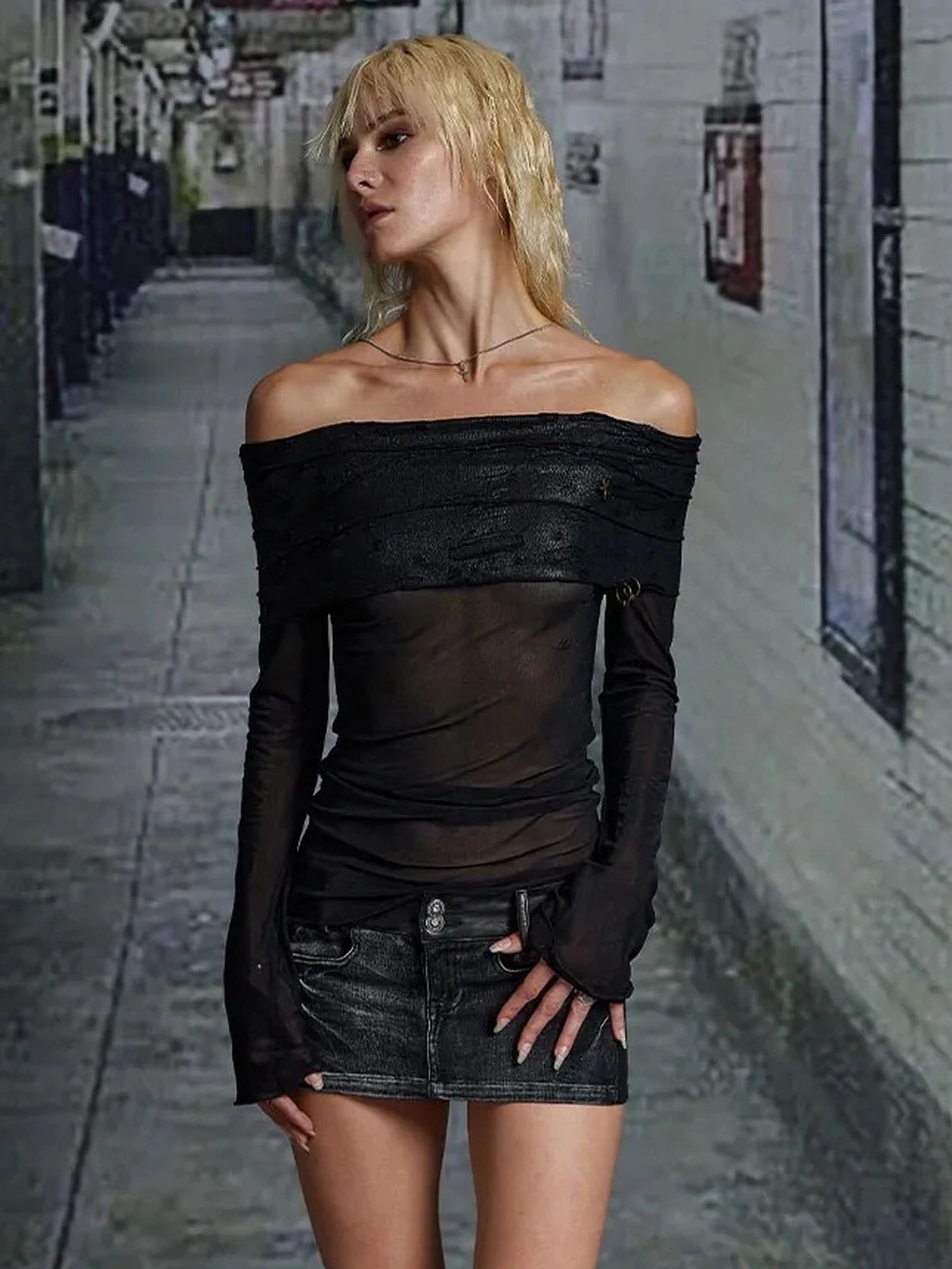 FayChui  Vintage Mesh Off Shoulder Top