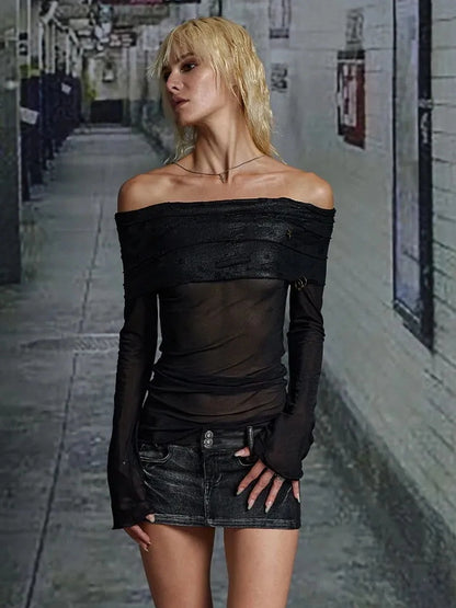 FayChui  Vintage Mesh Off Shoulder Top