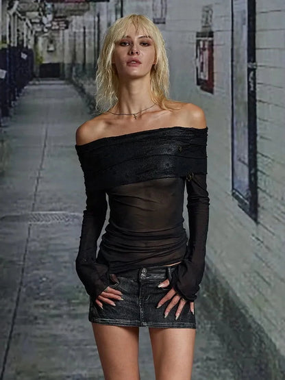 FayChui  Vintage Mesh Off Shoulder Top