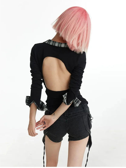 FayChui  Vintage Plaid Backless Fitted Shirt