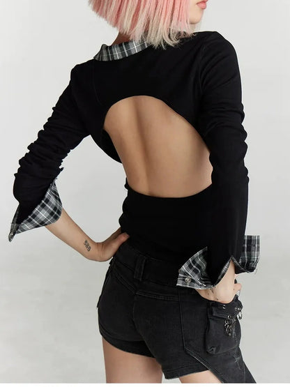 FayChui  Vintage Plaid Backless Fitted Shirt