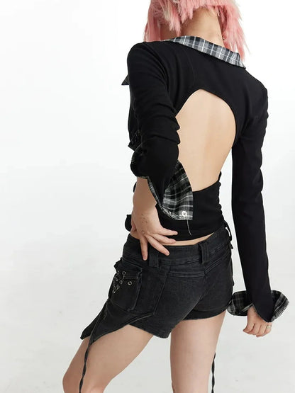 FayChui  Vintage Plaid Backless Fitted Shirt