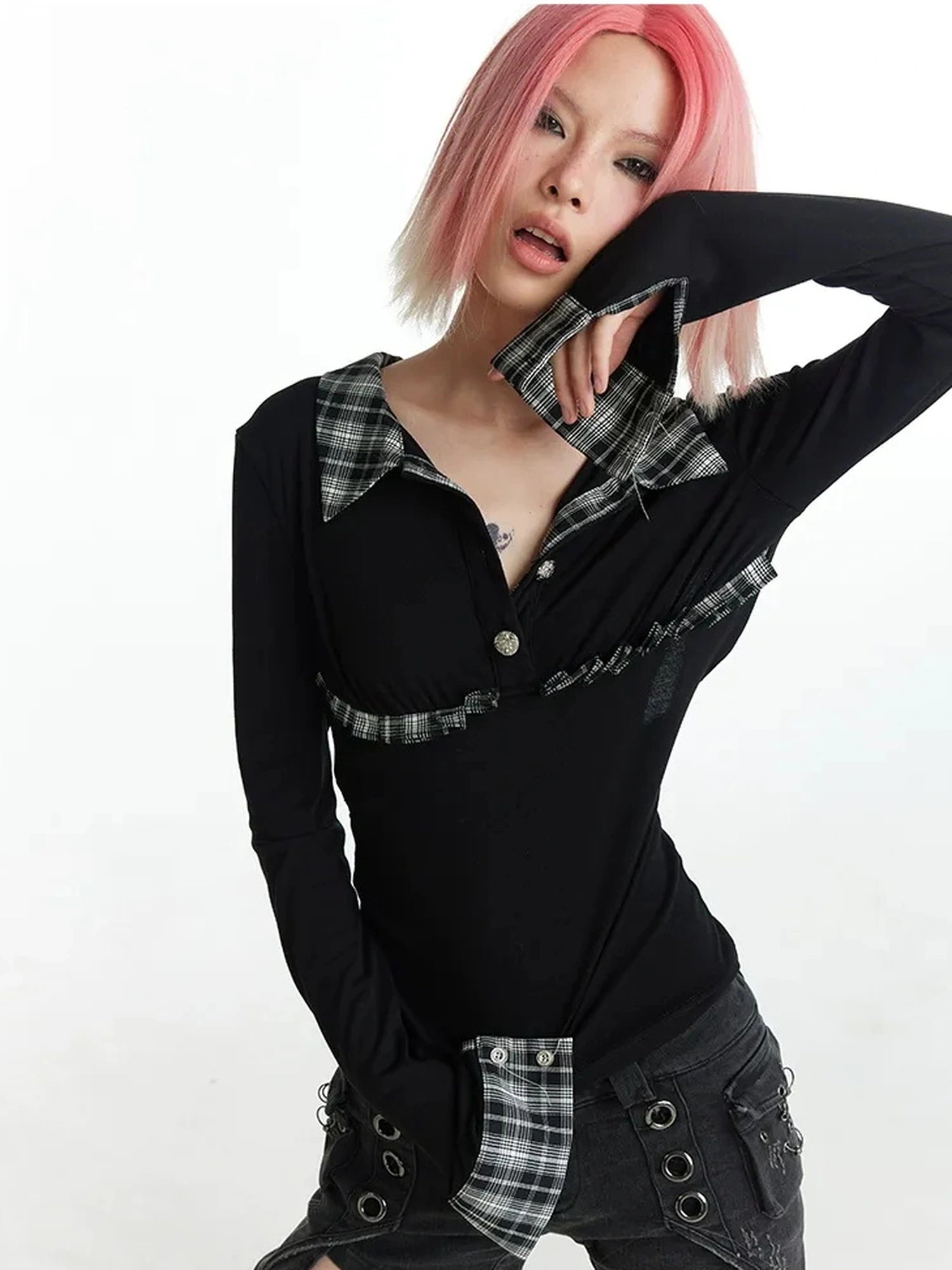 FayChui  Vintage Plaid Backless Fitted Shirt