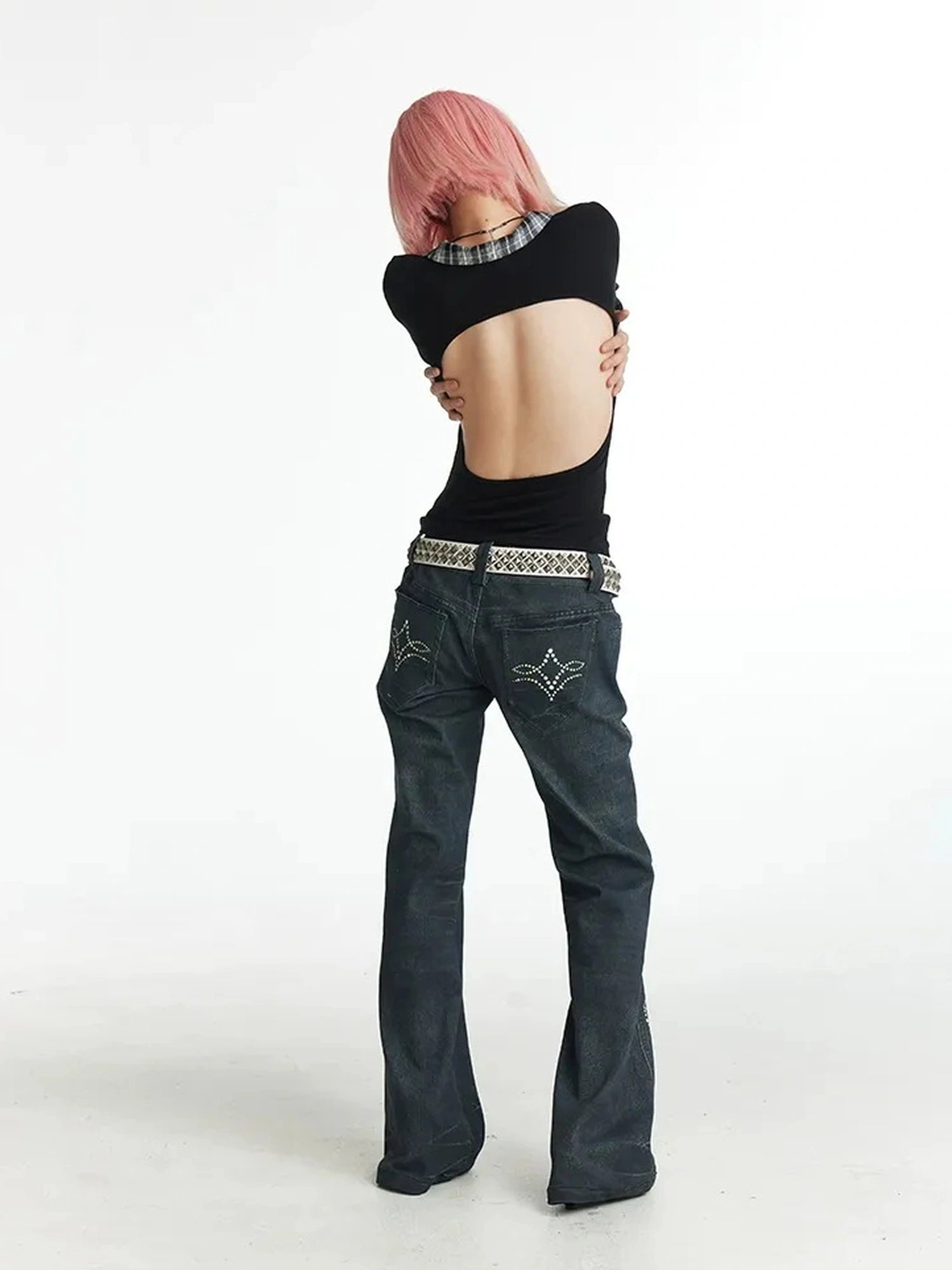 FayChui  Vintage Plaid Backless Fitted Shirt