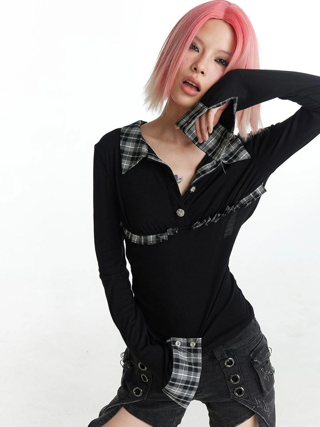 FayChui  Vintage Plaid Backless Fitted Shirt