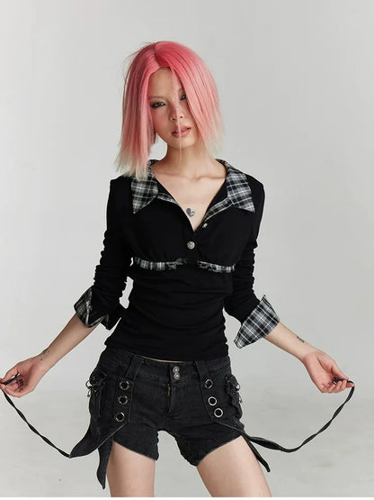 FayChui  Vintage Plaid Backless Fitted Shirt