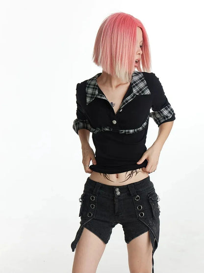 FayChui  Vintage Plaid Backless Fitted Shirt