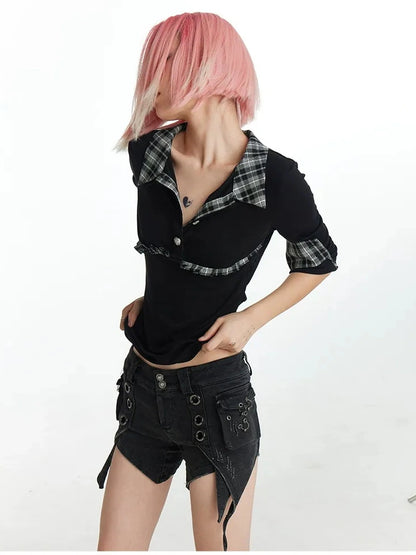 FayChui  Vintage Plaid Backless Fitted Shirt
