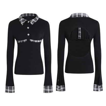 FayChui  Vintage Plaid Backless Fitted Shirt