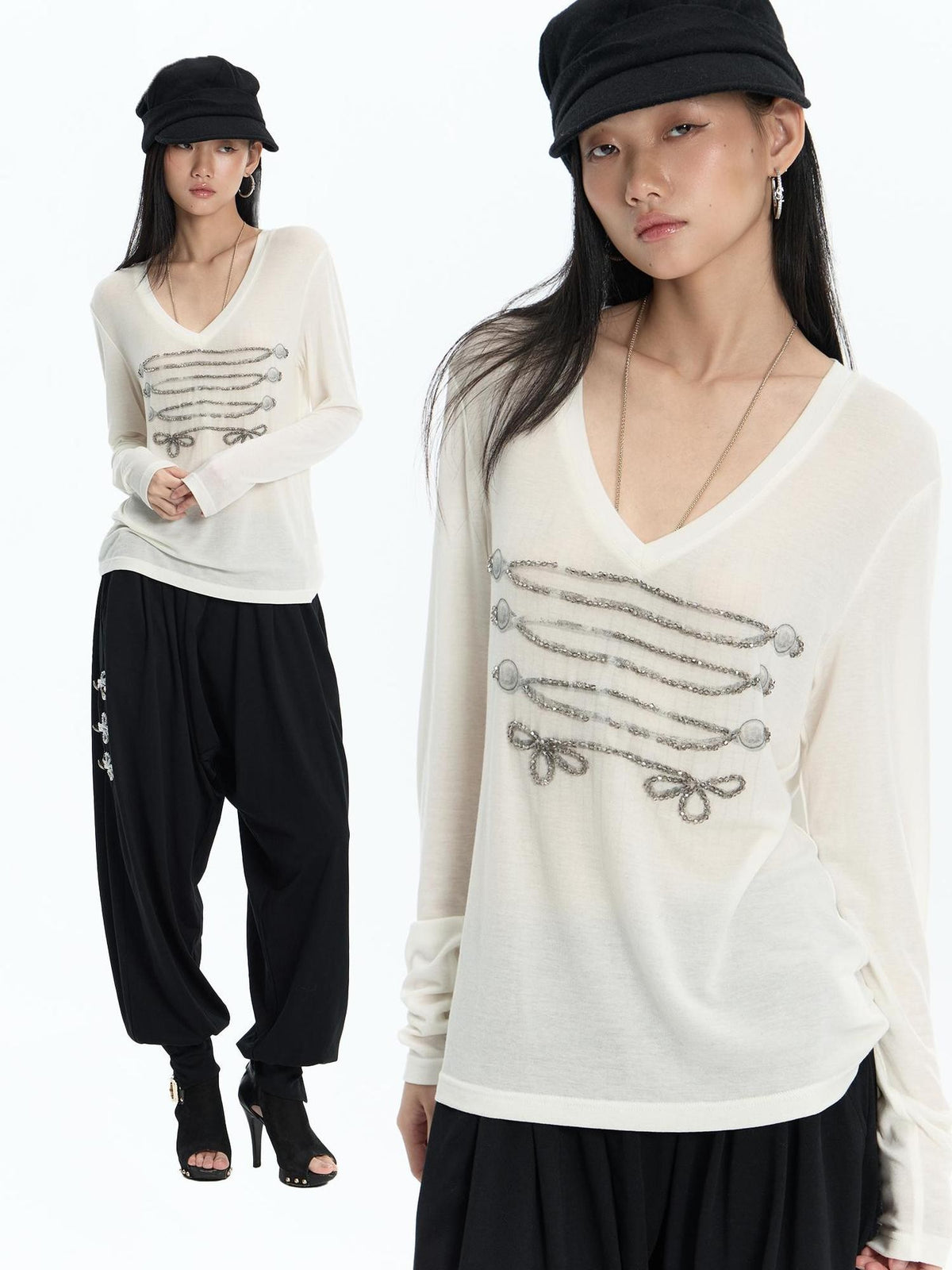 FayChui Vintage Print Court Style Rope Knot Women&