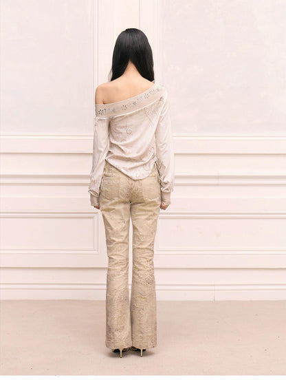 FayChui Vintage Print Studded Rhinestone One Shoulder Women&