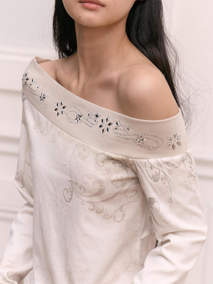 FayChui Vintage Print Studded Rhinestone One Shoulder Women&