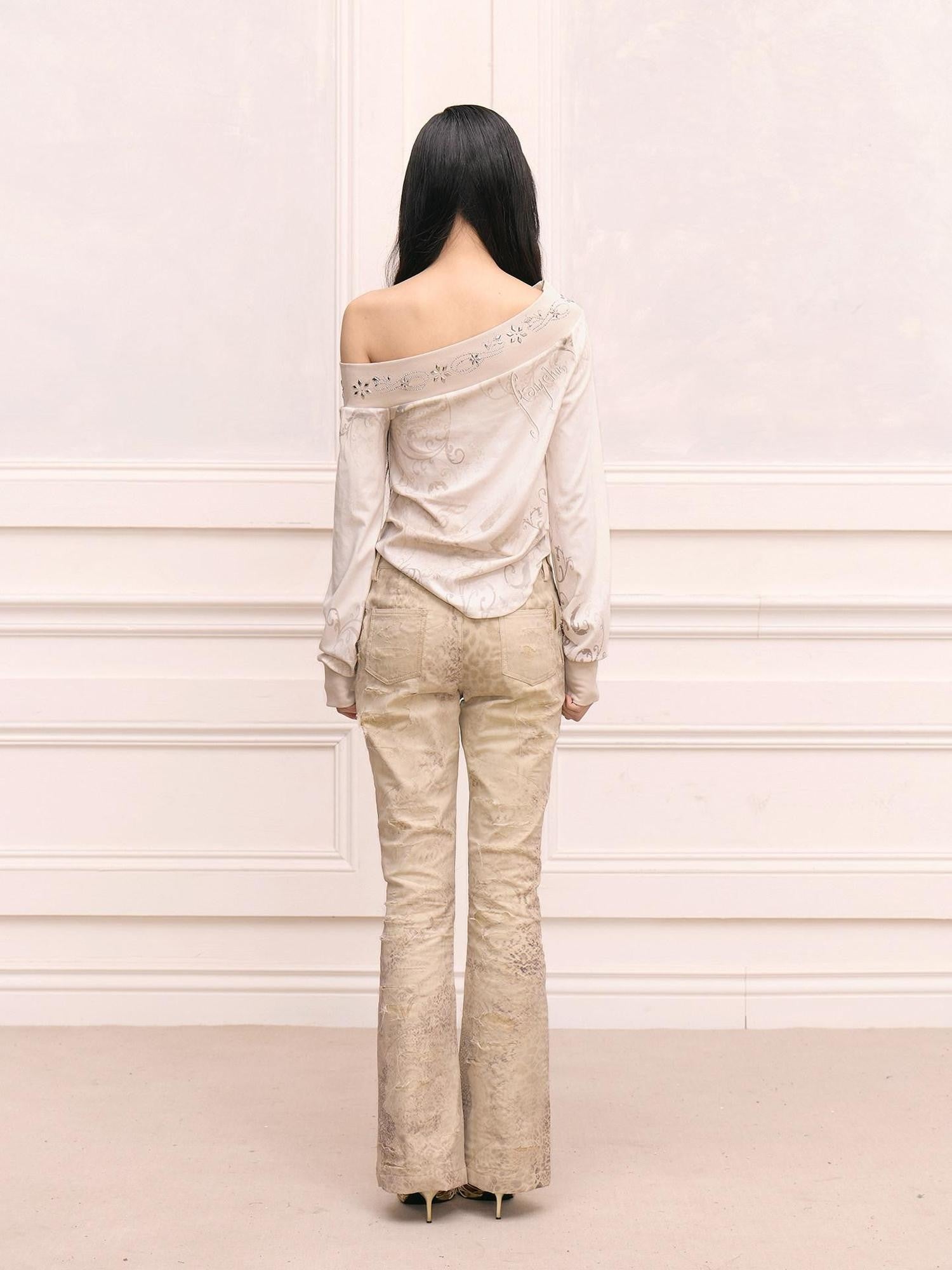 FayChui Vintage Print Studded Rhinestone One Shoulder Women&