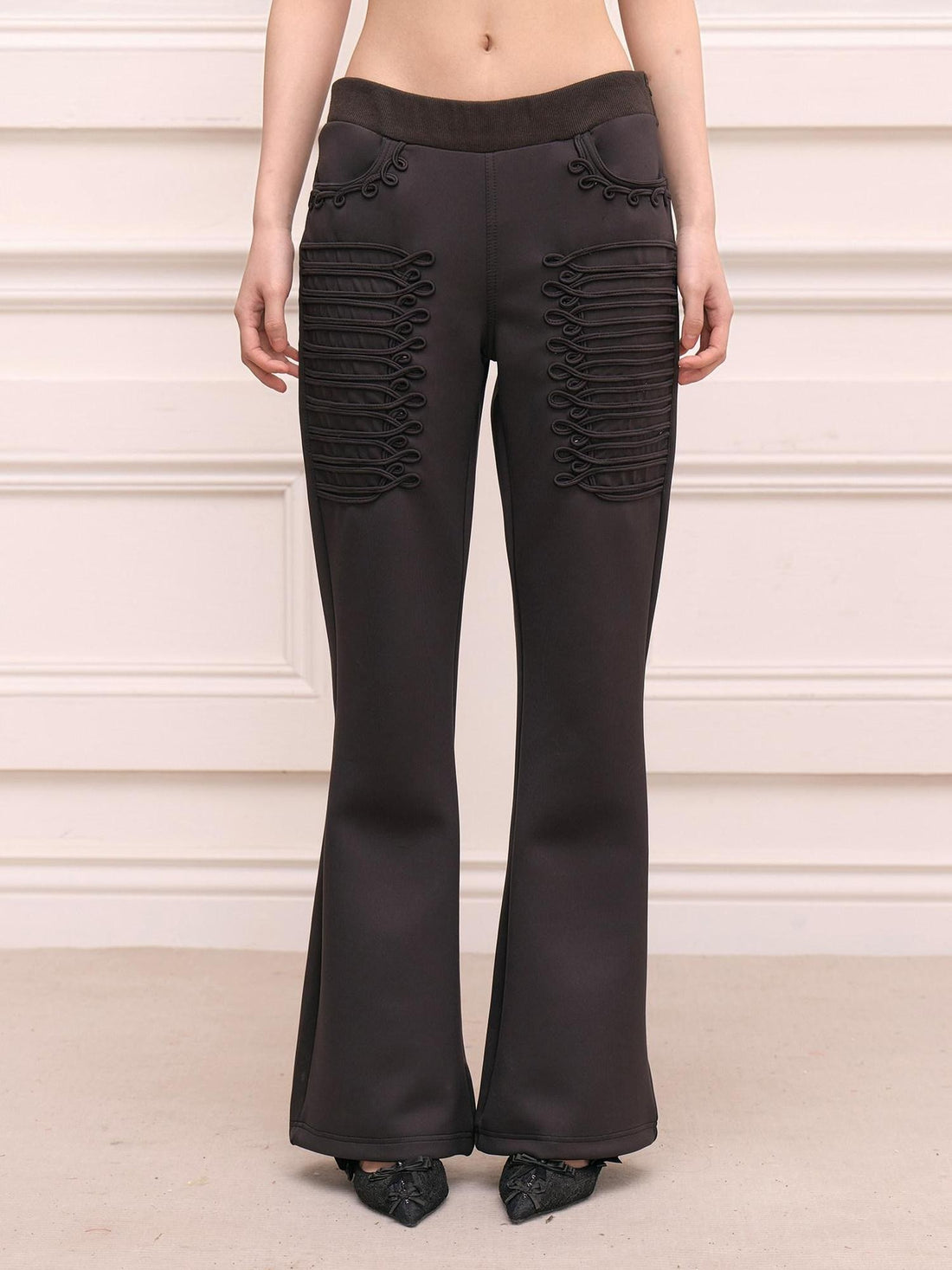 FayChui Vintage Regal Embroidered Tie Waist Micro Flare Women&