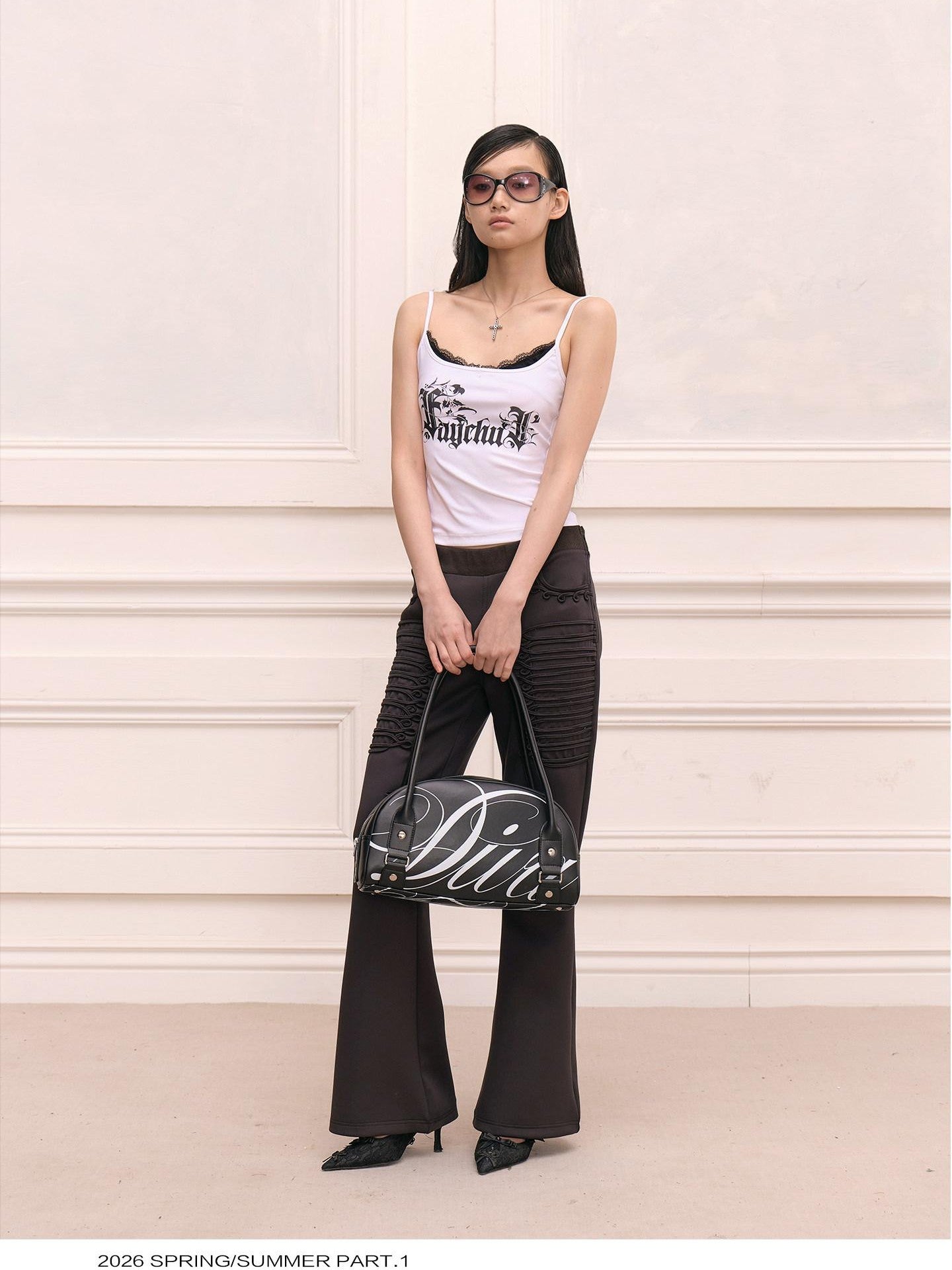 FayChui Vintage Regal Embroidered Tie Waist Micro Flare Women&