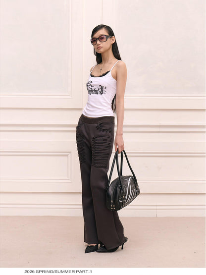 FayChui Vintage Regal Embroidered Tie Waist Micro Flare Women&
