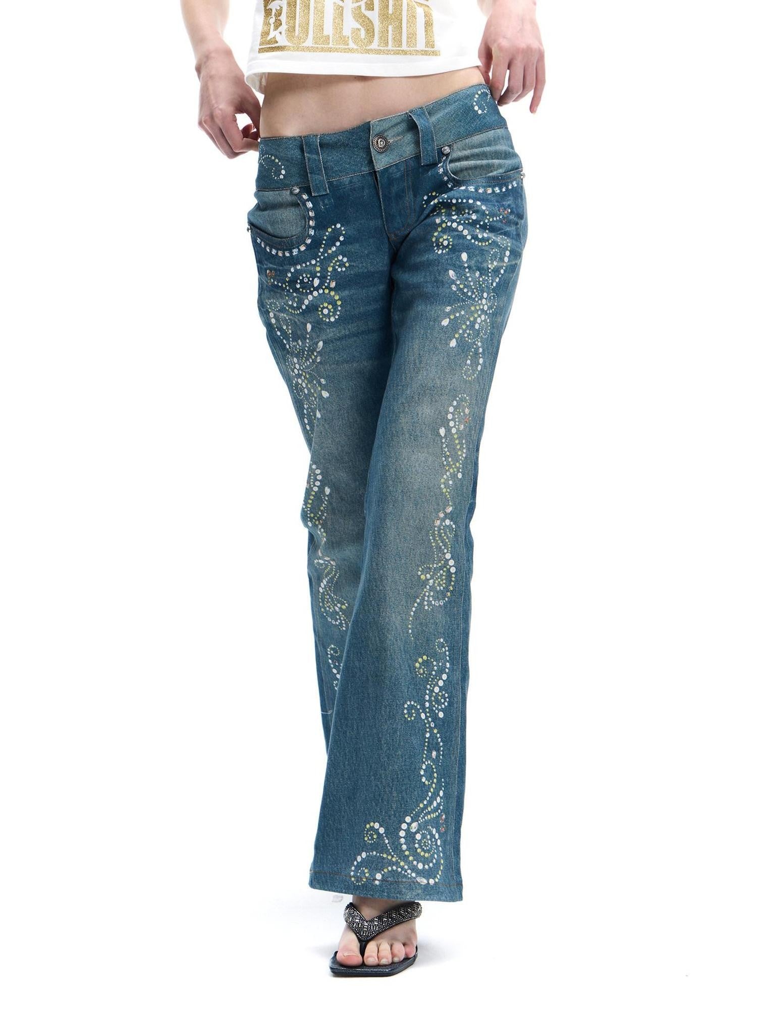FayChui Vintage Rhinestone Embroidered High Waist Women&