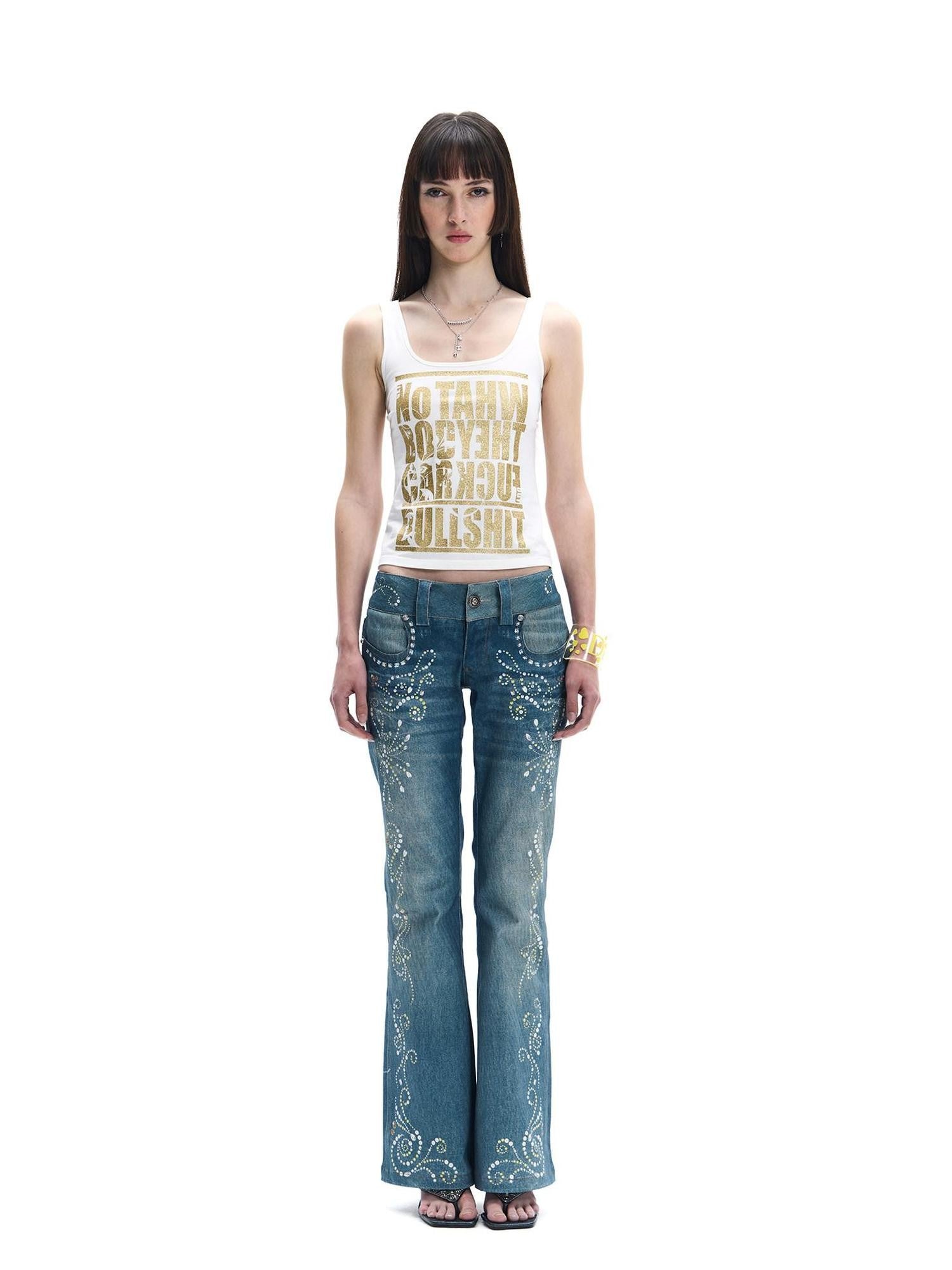 FayChui Vintage Rhinestone Embroidered High Waist Women&