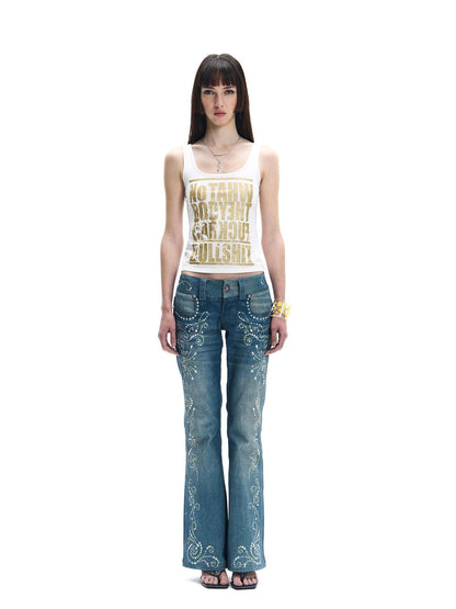 FayChui Vintage Rhinestone Embroidered High Waist Women&