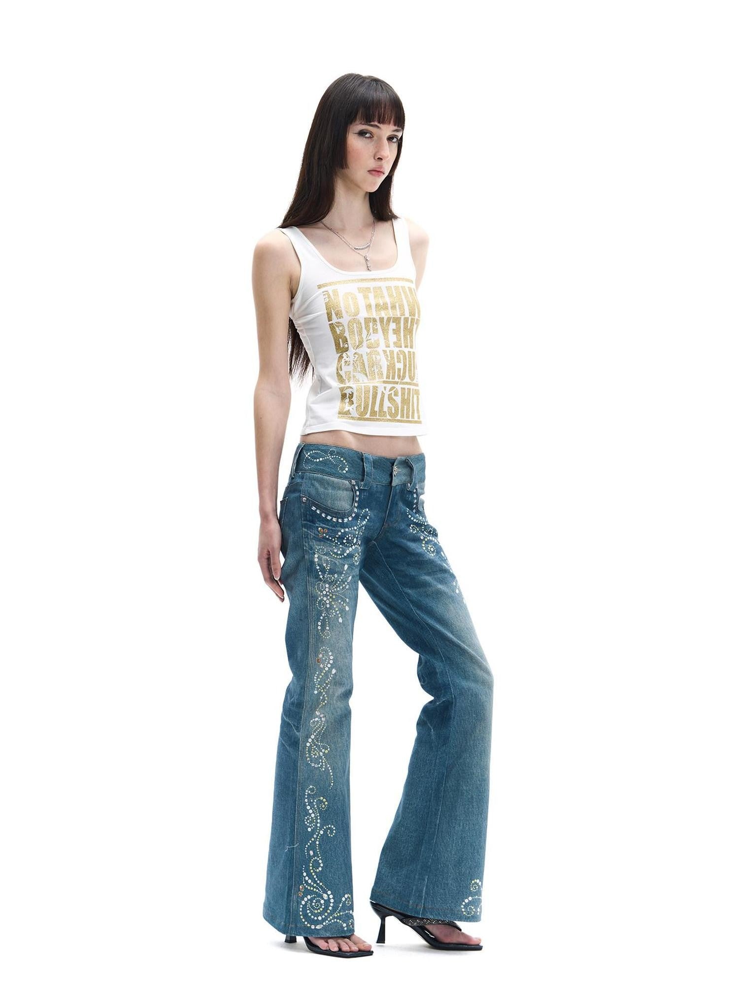 FayChui Vintage Rhinestone Embroidered High Waist Women&