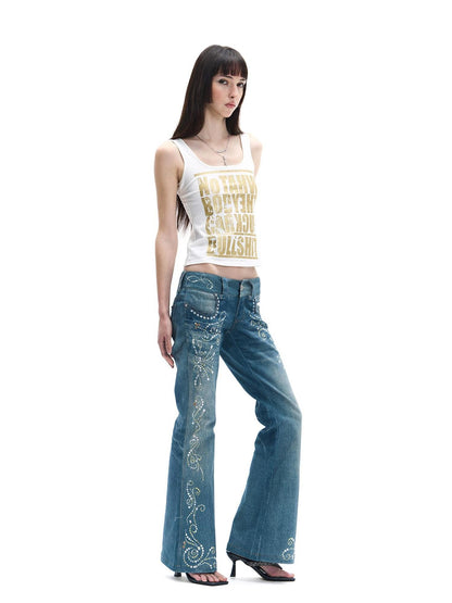FayChui Vintage Rhinestone Embroidered High Waist Women&
