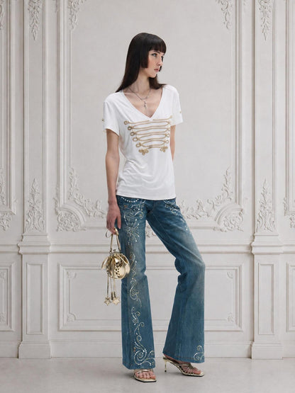 FayChui Vintage Rhinestone Embroidered High Waist Women&