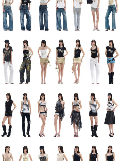 FayChui Vintage Rhinestone Embroidered High Waist Women&