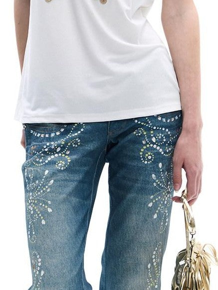 FayChui Vintage Rhinestone Embroidered High Waist Women&