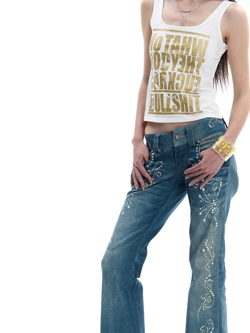FayChui Vintage Rhinestone Embroidered High Waist Women&
