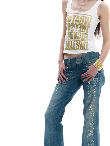 FayChui Vintage Rhinestone Embroidered High Waist Women&