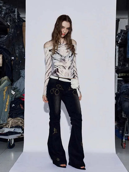 FayChui Vintage Rose Embroidered Flared Low Rise Jeans