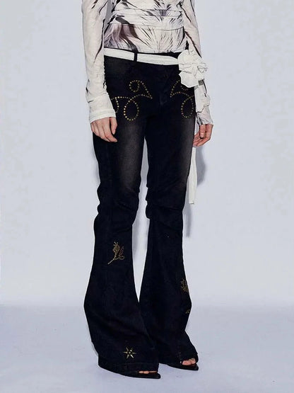 FayChui Vintage Rose Embroidered Flared Low Rise Jeans