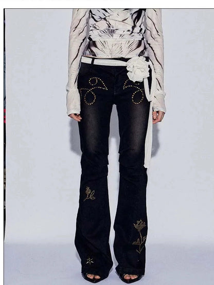FayChui Vintage Rose Embroidered Flared Low Rise Jeans