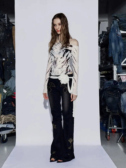 FayChui Vintage Rose Embroidered Flared Low Rise Jeans