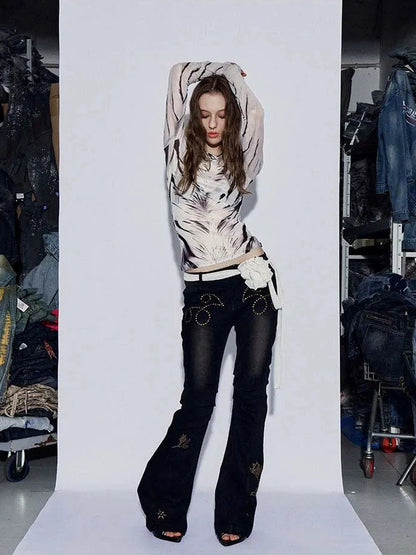 FayChui Vintage Rose Embroidered Flared Low Rise Jeans