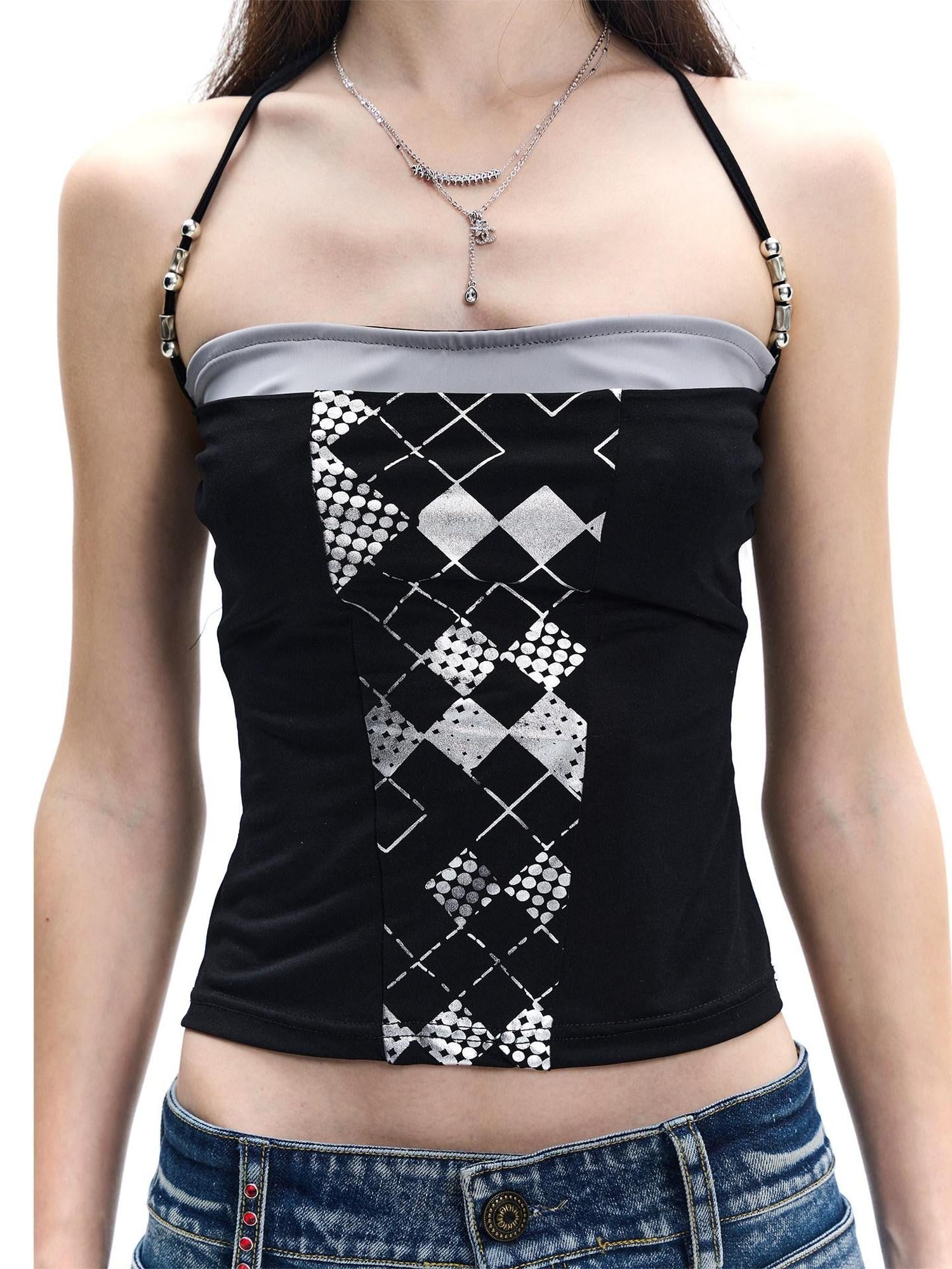 FayChui Vintage Silver Beaded Diamond Halter Women&