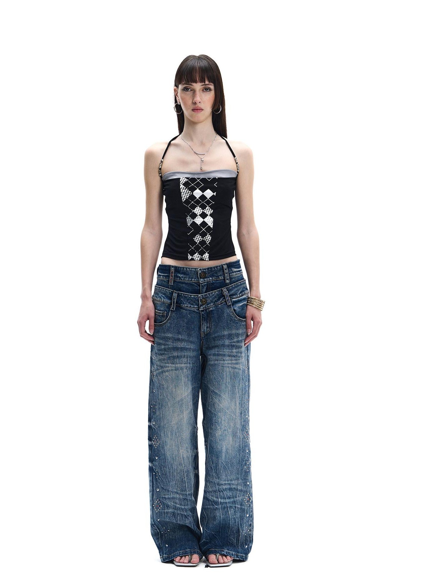 FayChui Vintage Silver Beaded Diamond Halter Women&