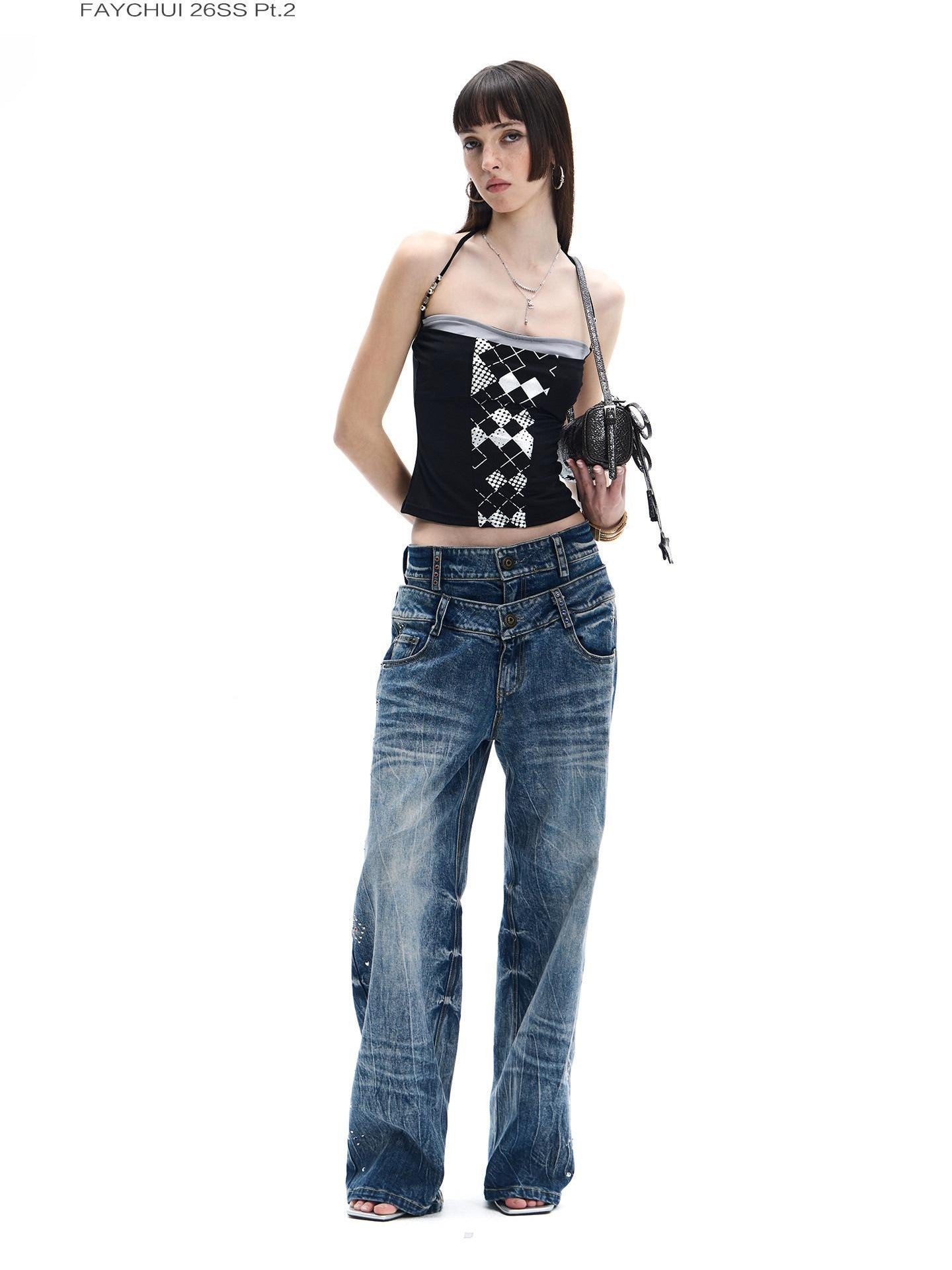 FayChui Vintage Silver Beaded Diamond Halter Women&