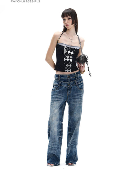 FayChui Vintage Silver Beaded Diamond Halter Women&