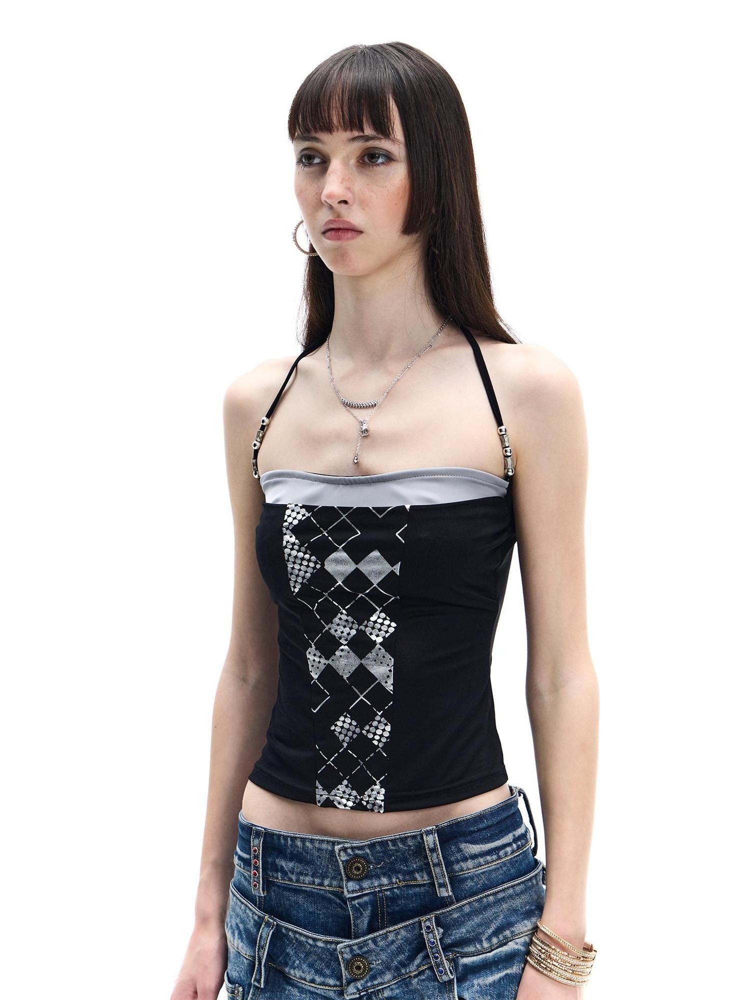 FayChui Vintage Silver Beaded Diamond Halter Women&