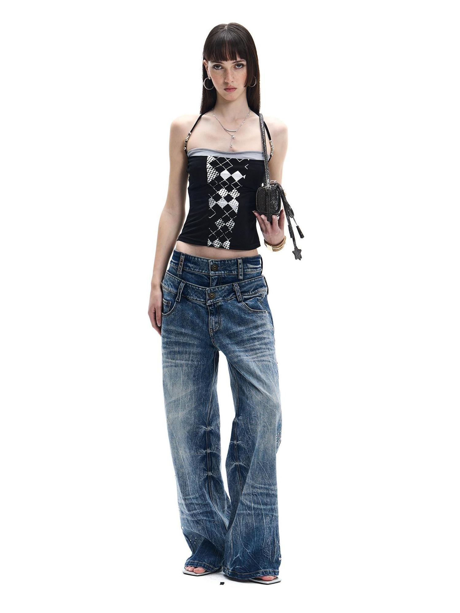 FayChui Vintage Silver Beaded Diamond Halter Women&