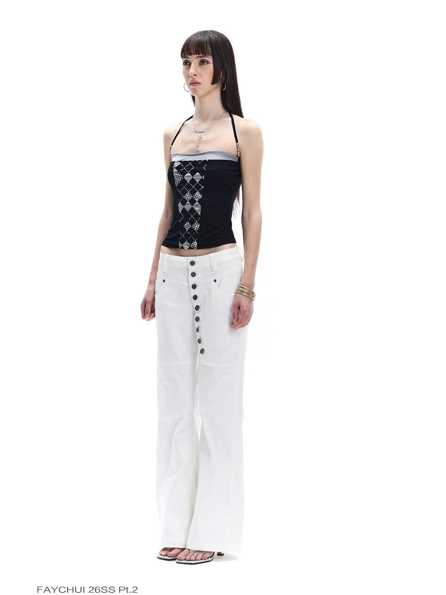 FayChui Vintage Silver Beaded Diamond Halter Women&
