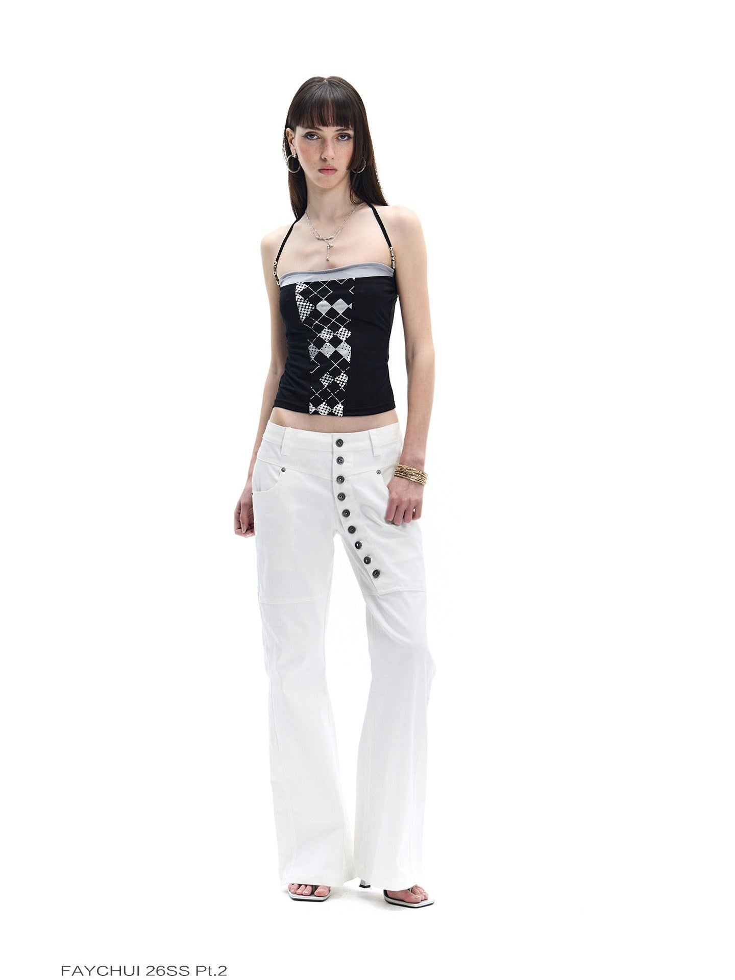 FayChui Vintage Silver Beaded Diamond Halter Women&