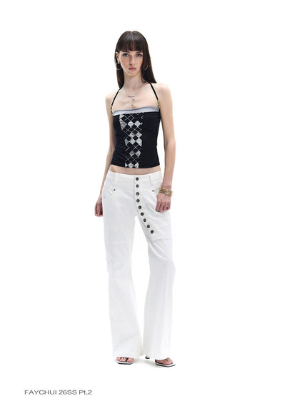 FayChui Vintage Silver Beaded Diamond Halter Women&