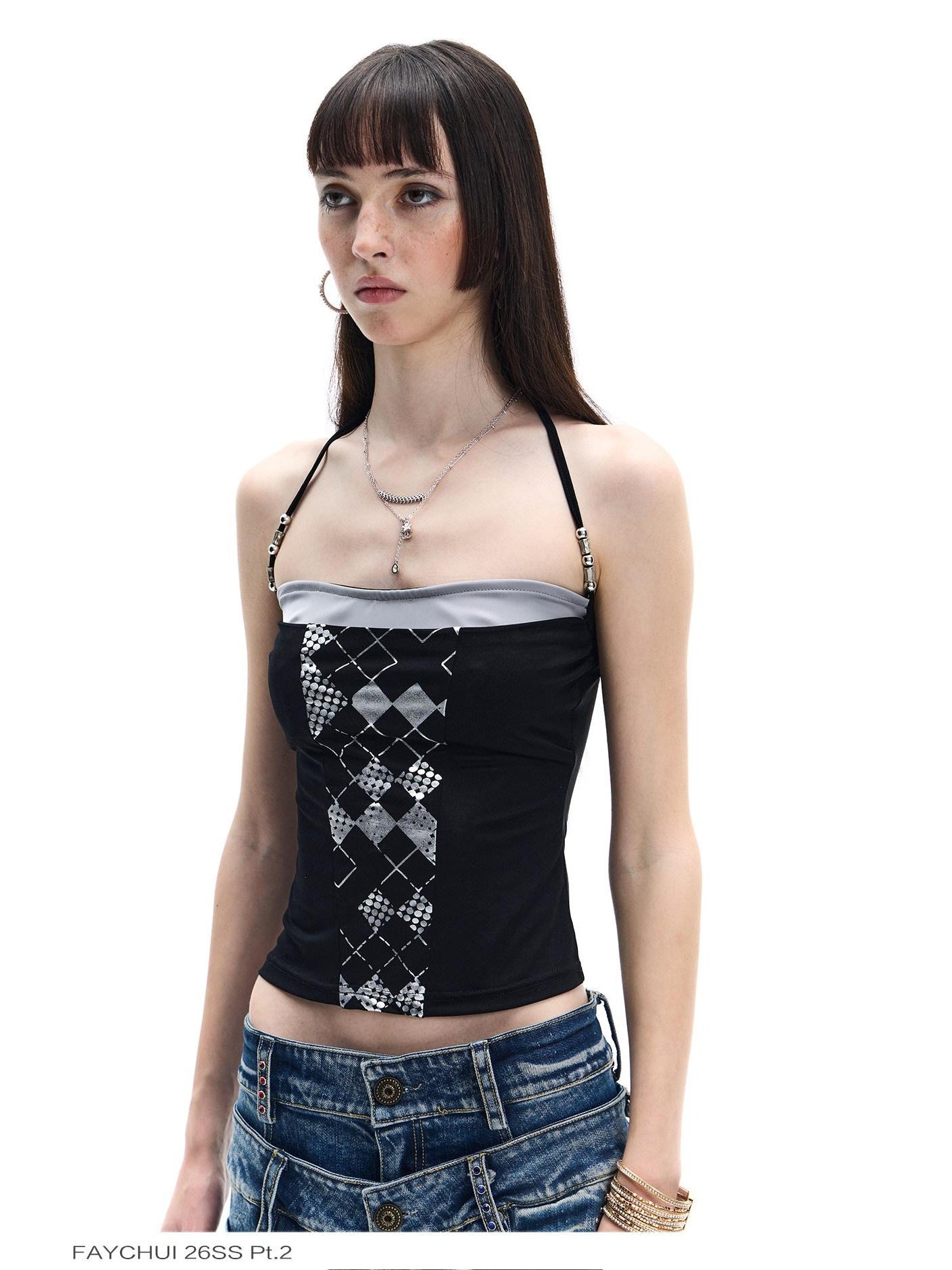 FayChui Vintage Silver Beaded Diamond Halter Women&