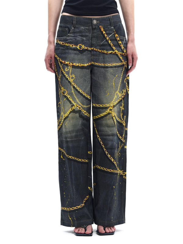 Vintage Splatter Print Gold Chain Detail Women's Cotton Straight-leg Jeans