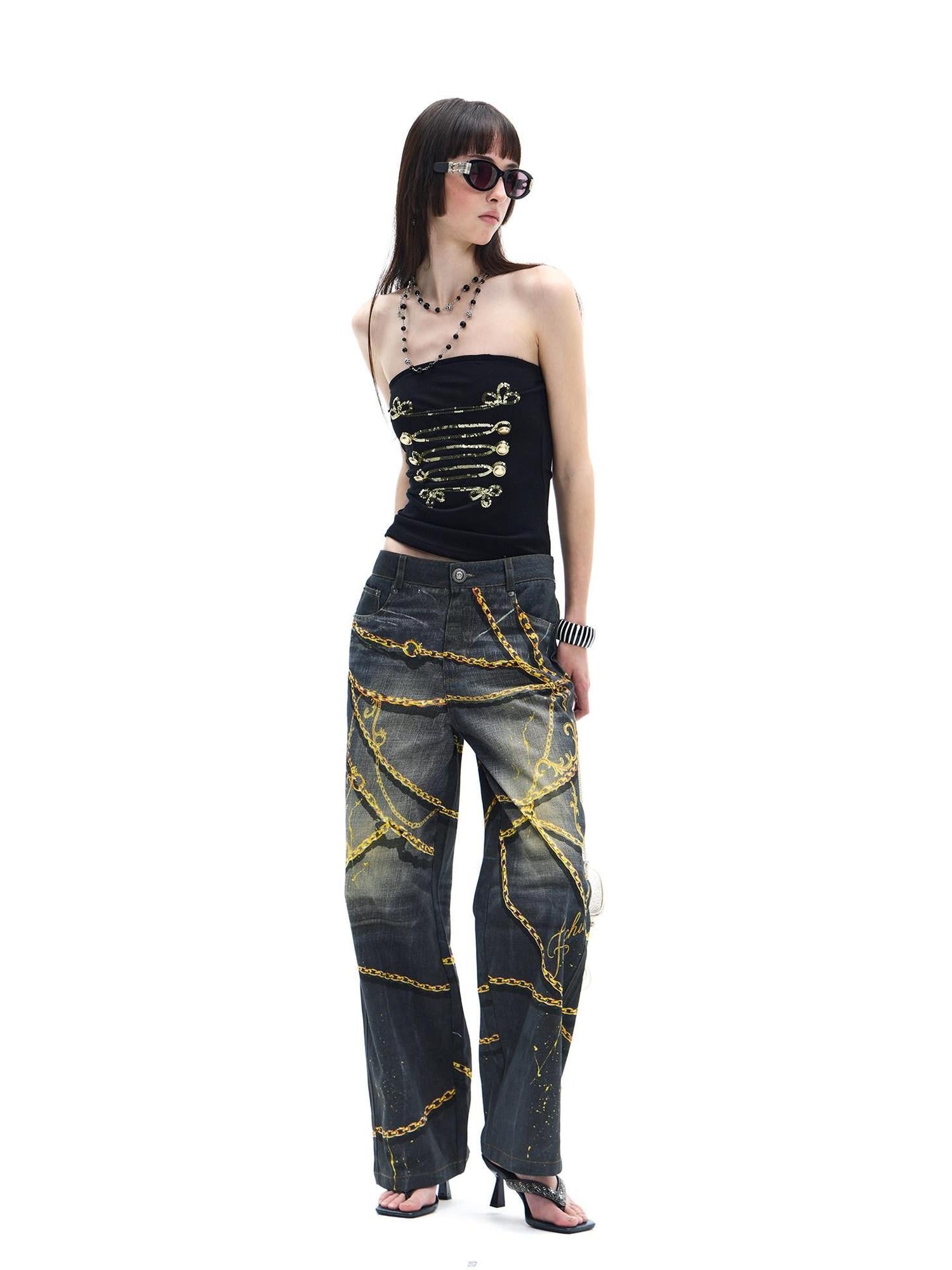 FayChui Vintage Splatter Print Gold Chain Detail Women&