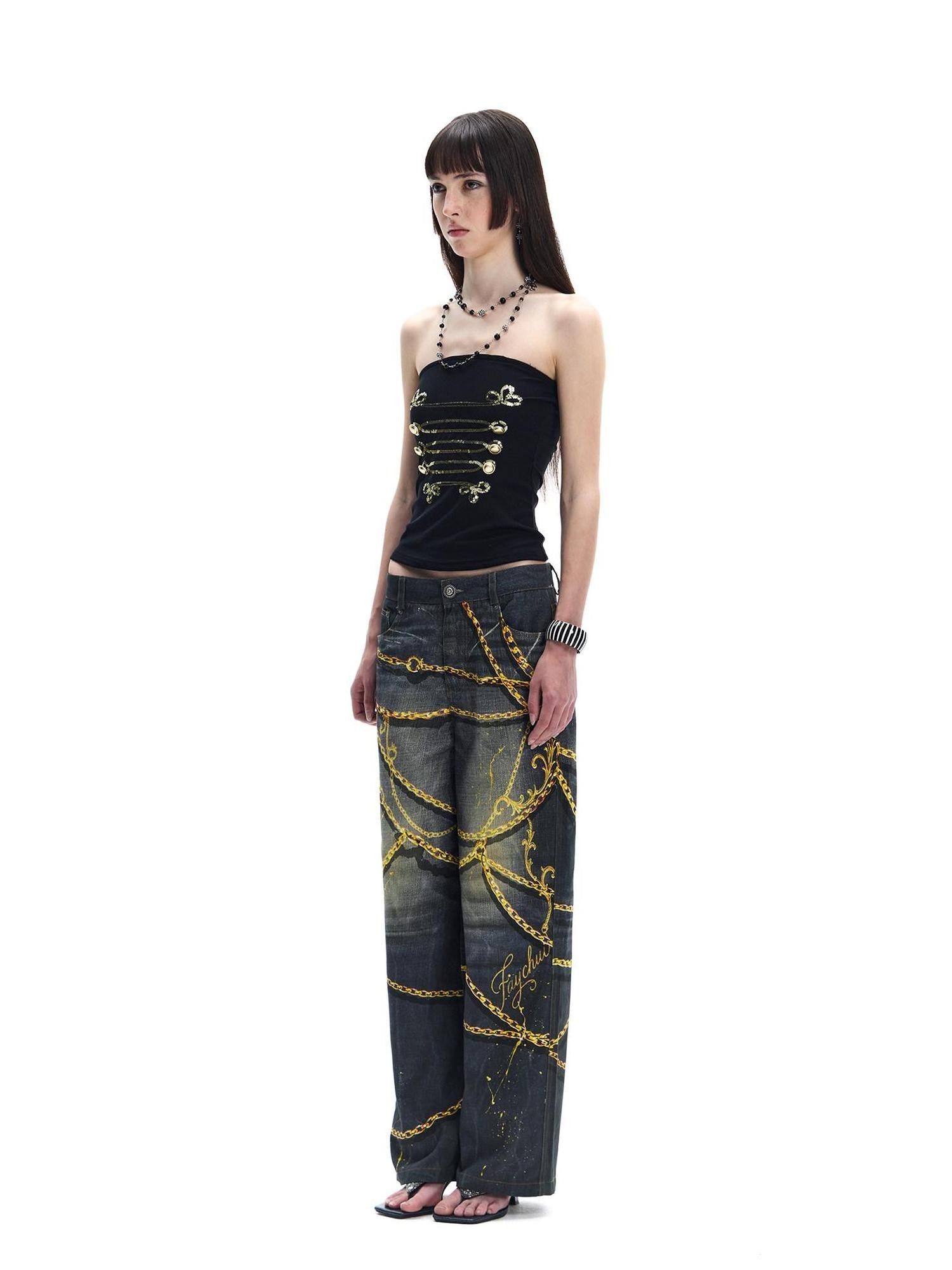 FayChui Vintage Splatter Print Gold Chain Detail Women&