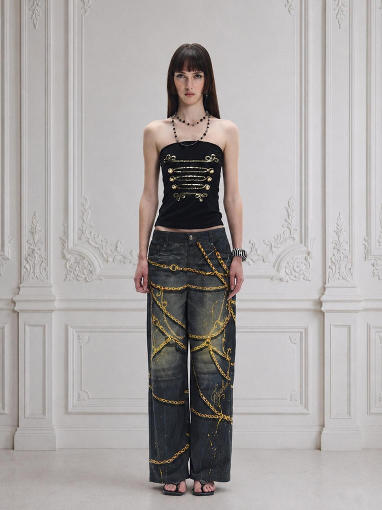FayChui Vintage Splatter Print Gold Chain Detail Women&