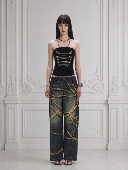 FayChui Vintage Splatter Print Gold Chain Detail Women&